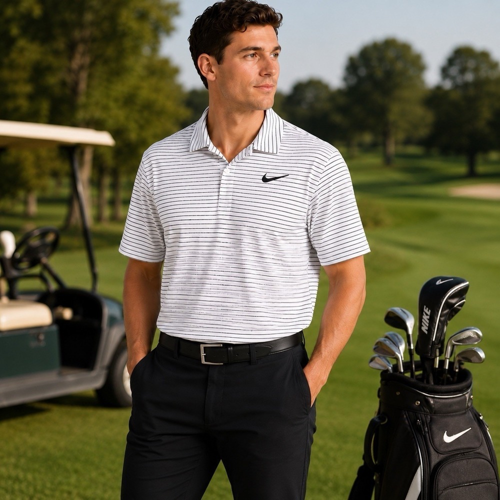 Nike Dri-FIT Polo Shirt Men's 2XL White Black Striped Performance AJ5482 Swoosh